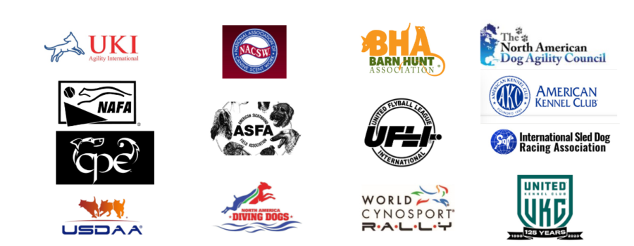 Logos for UKI, NAFA, CPE, USDAA, NACSW, ASFA, NADD, BHA, UFLI, WCRL, NADAC, AKC, ISDRA, UKC