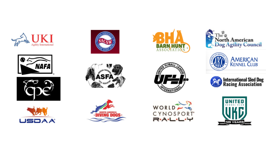 Logos for UKI, NAFA, CPE, USDAA, NACSW, ASFA, NADD, BHA, UFLI, WCRL, NADAC, AKC, ISDRA, UKC